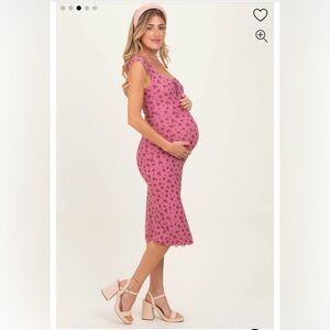 Pink Floral Mesh Front Tie Cutout Maternity Midi Dress